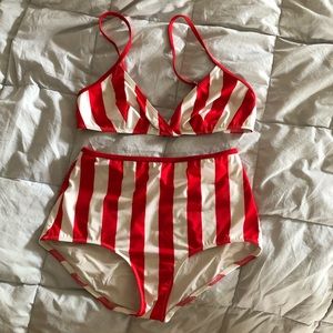 Solid and Striped high-waisted bathing suit